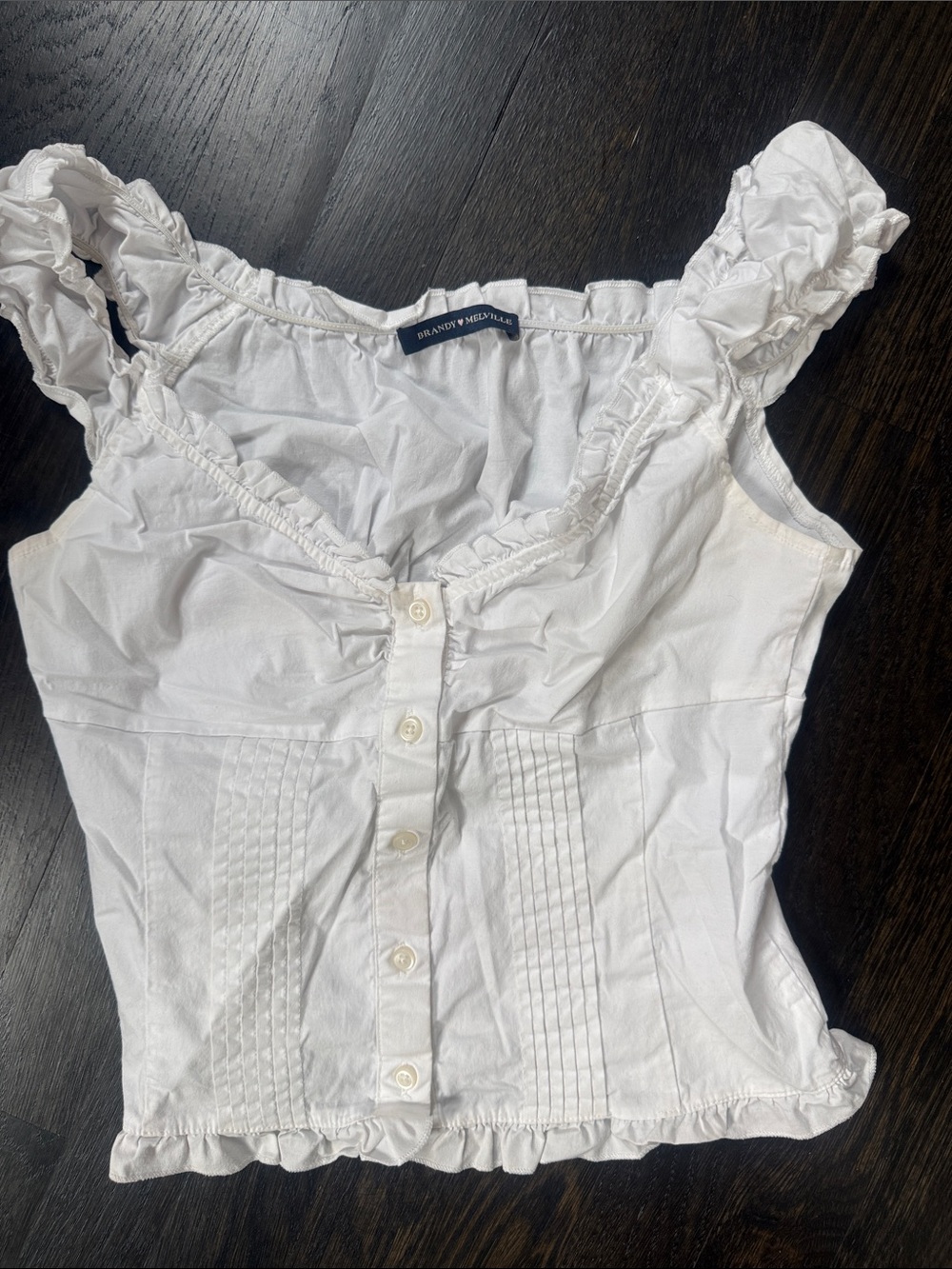 Brandy Melville White Ruffle-Trim Button Tank